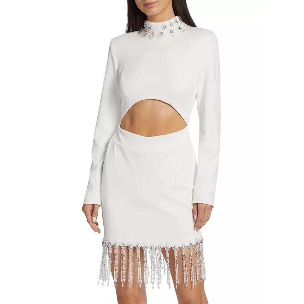 PatBO Hand Crystal Beaded High Neck Long Sleeve Mini Dress